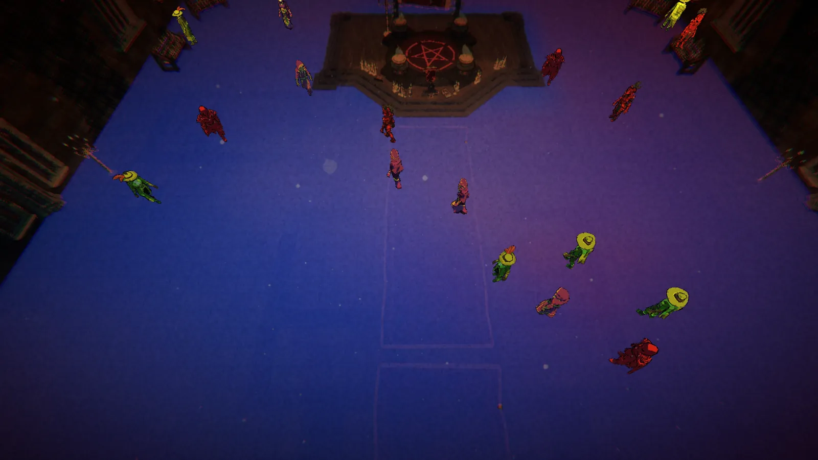 Overhead view of the hall. Guests stand on a colored floor around the pentagram.