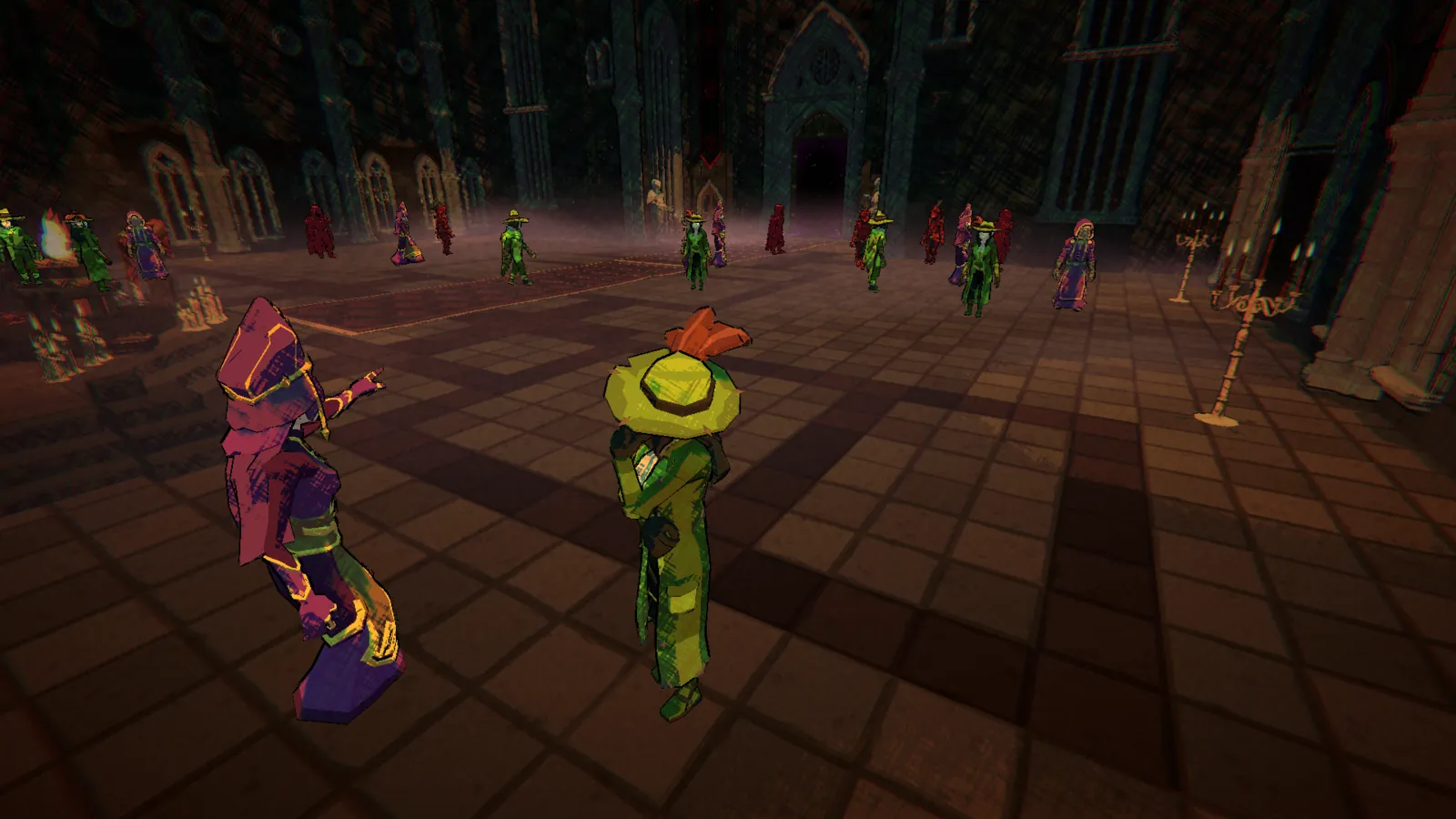 Two guests in the foreground of the ritual hall, one pointing into the crowd.