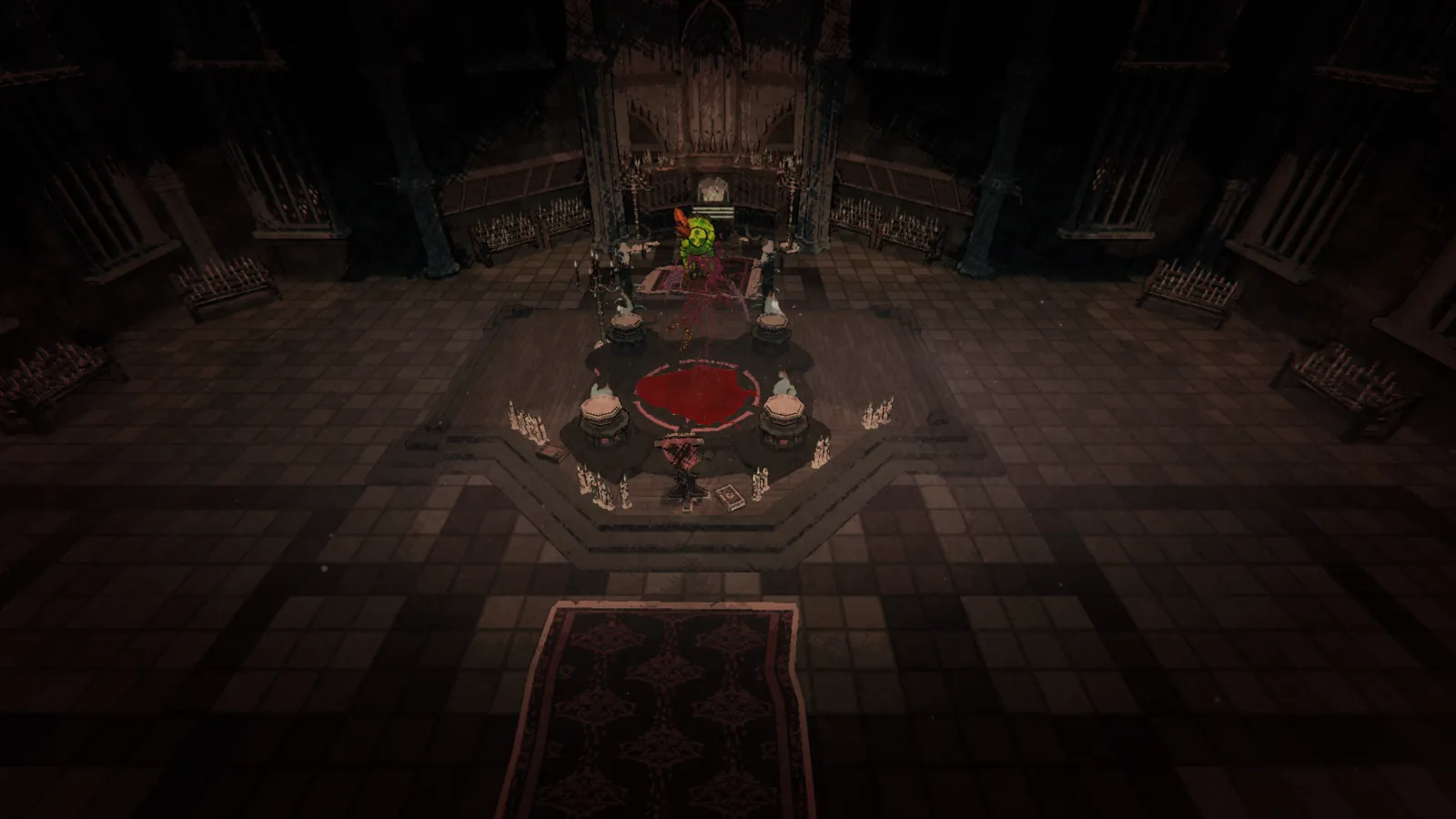 A figure at the altar above a red circle in the ritual hall.